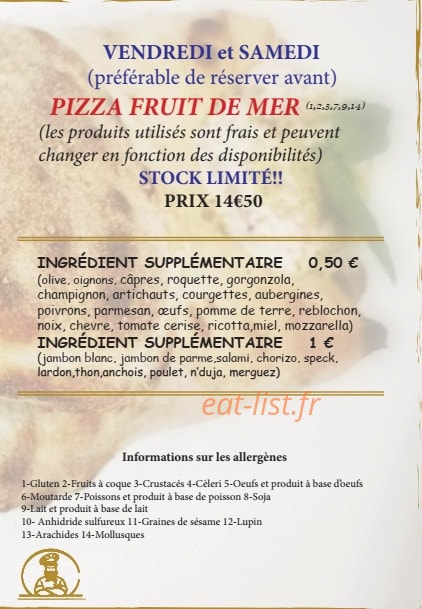 Carte et menu de Il forno à Saint-Dié-des-Vosges — Les pizza fruit de mer, ingrédient supplémentaire