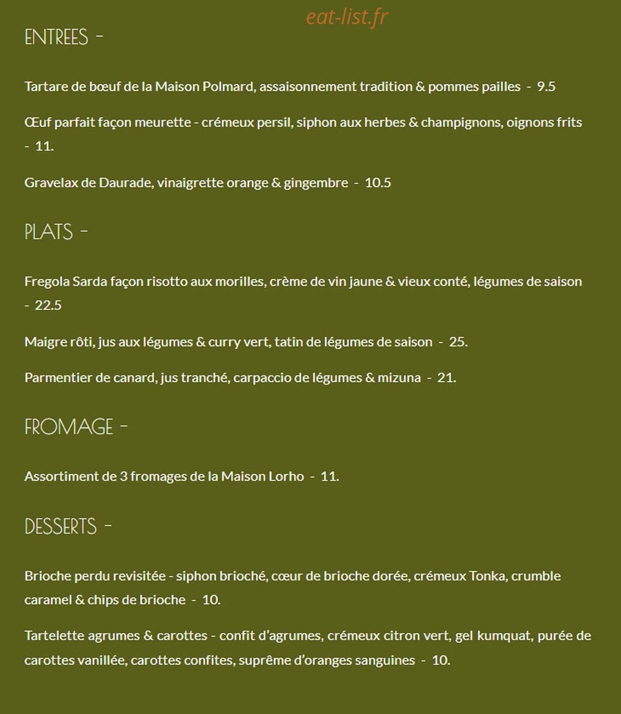 Le 29 restaurant — carte page 1