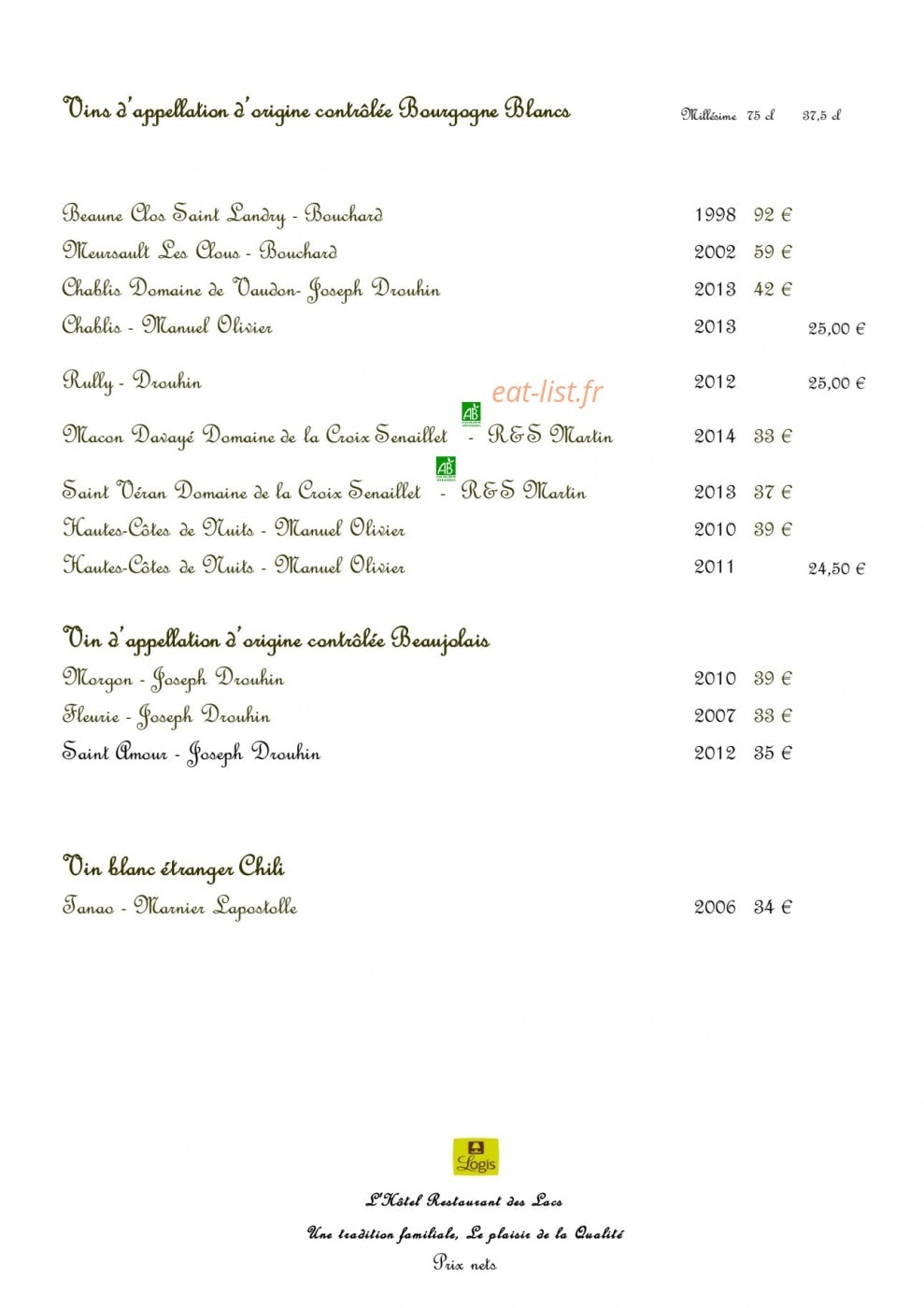 Hôtel Restaurant des Lacs — carte page 9