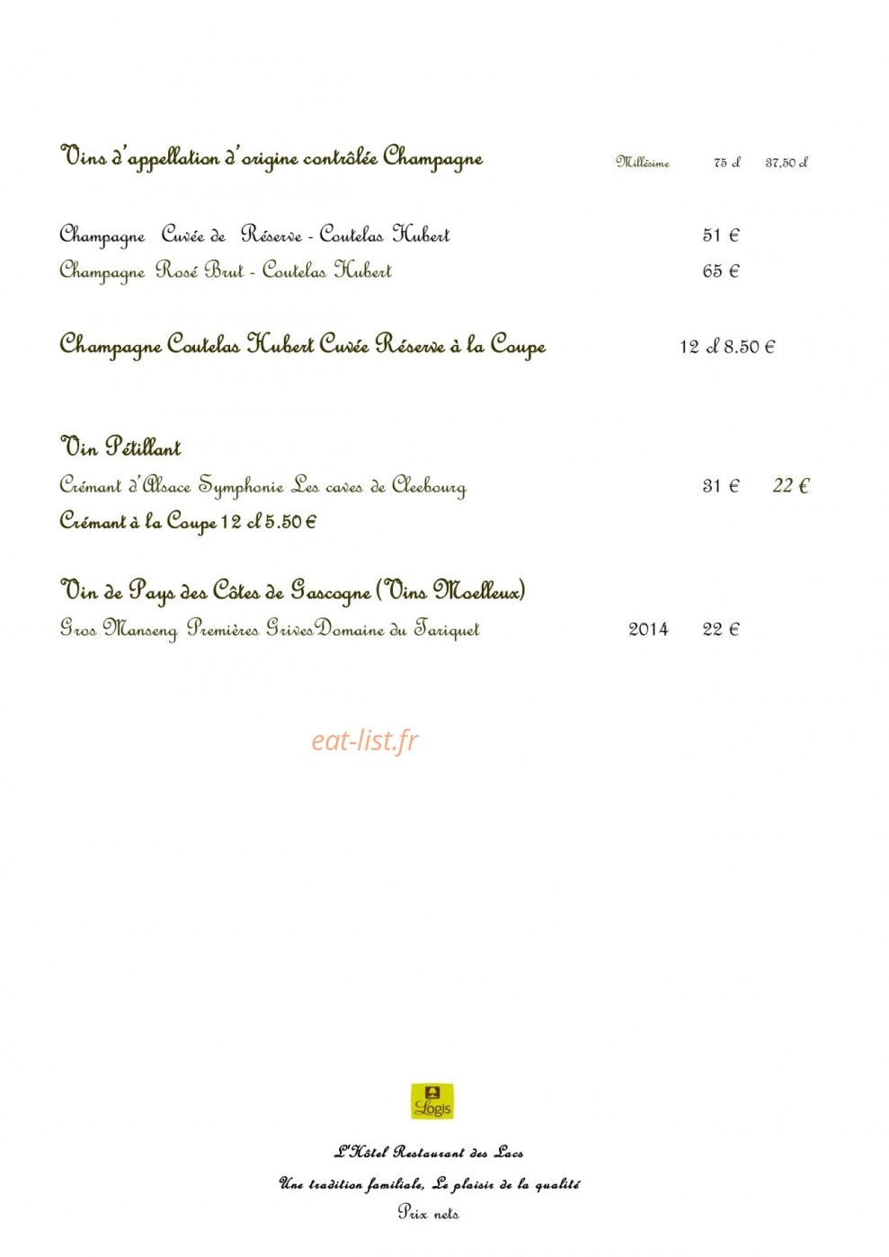 Hôtel Restaurant des Lacs — carte page 8