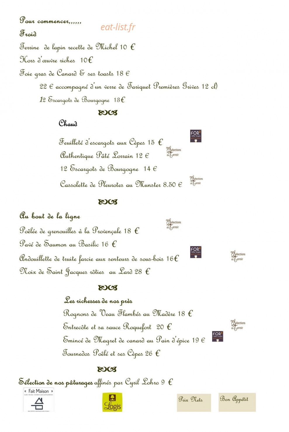 Hôtel Restaurant des Lacs — carte page 1