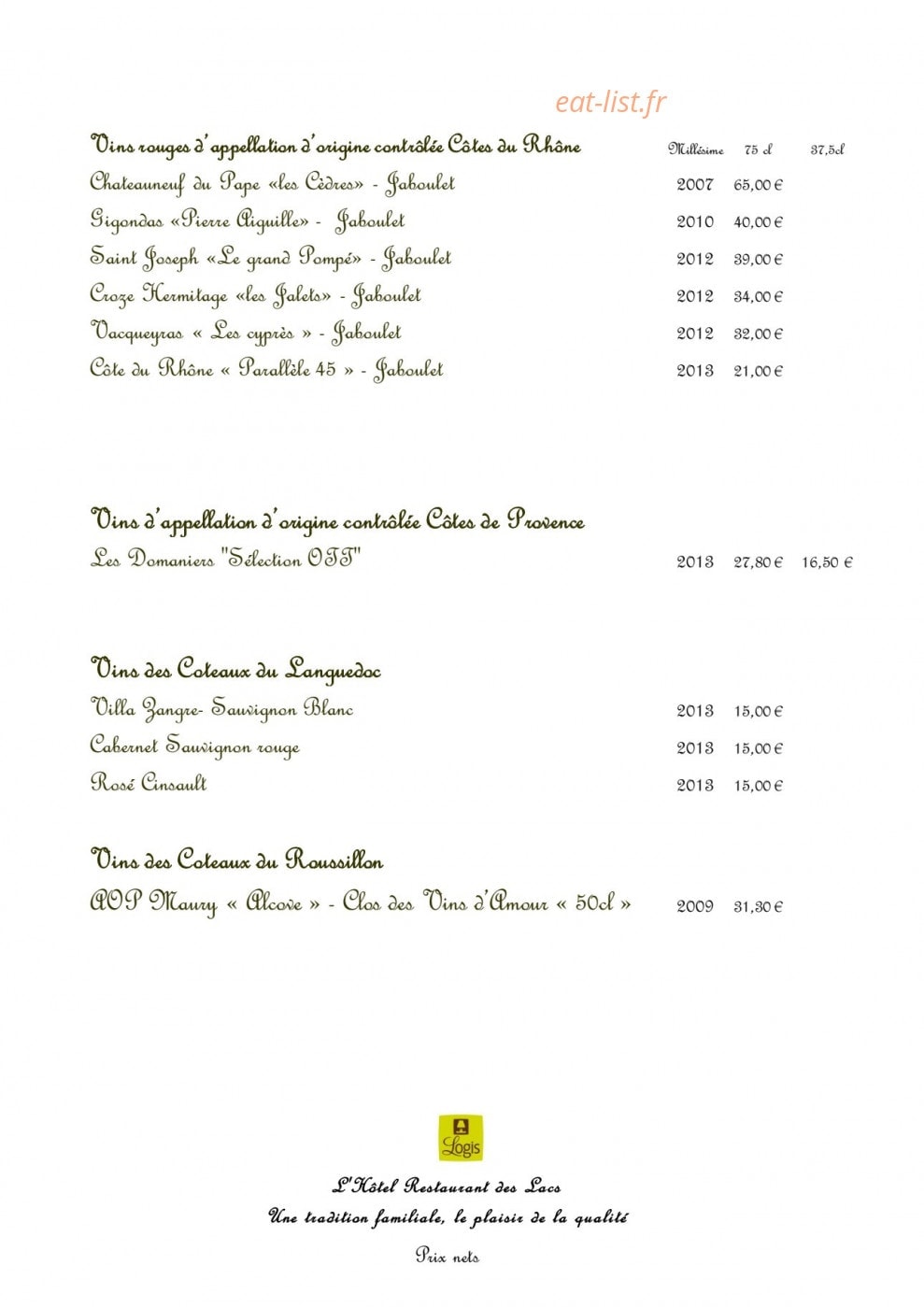 Hôtel Restaurant des Lacs — carte page 5