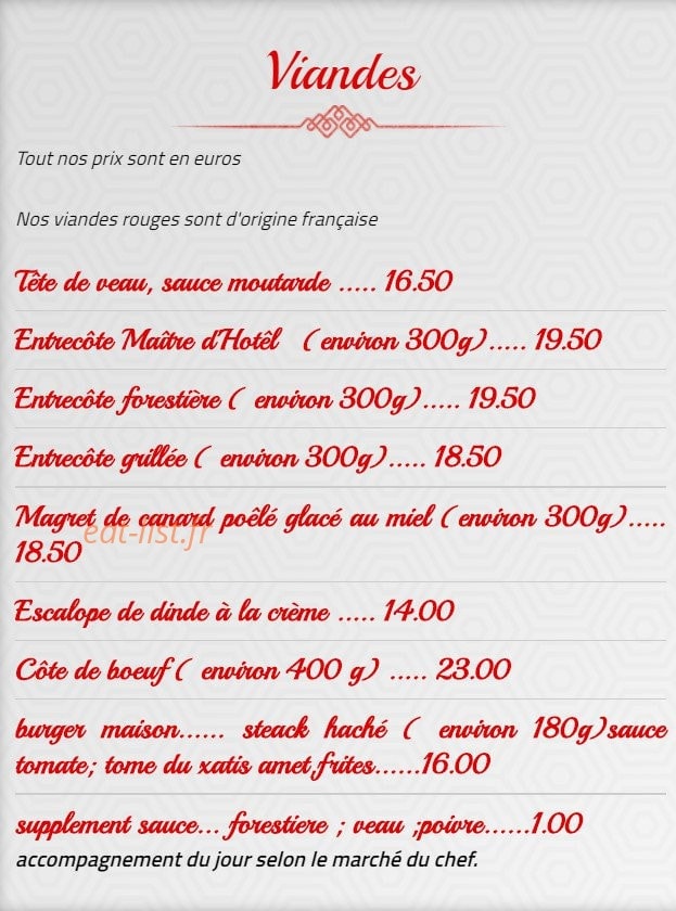 Carte et menu de La flamme gourmande à Vagney — Les viandes