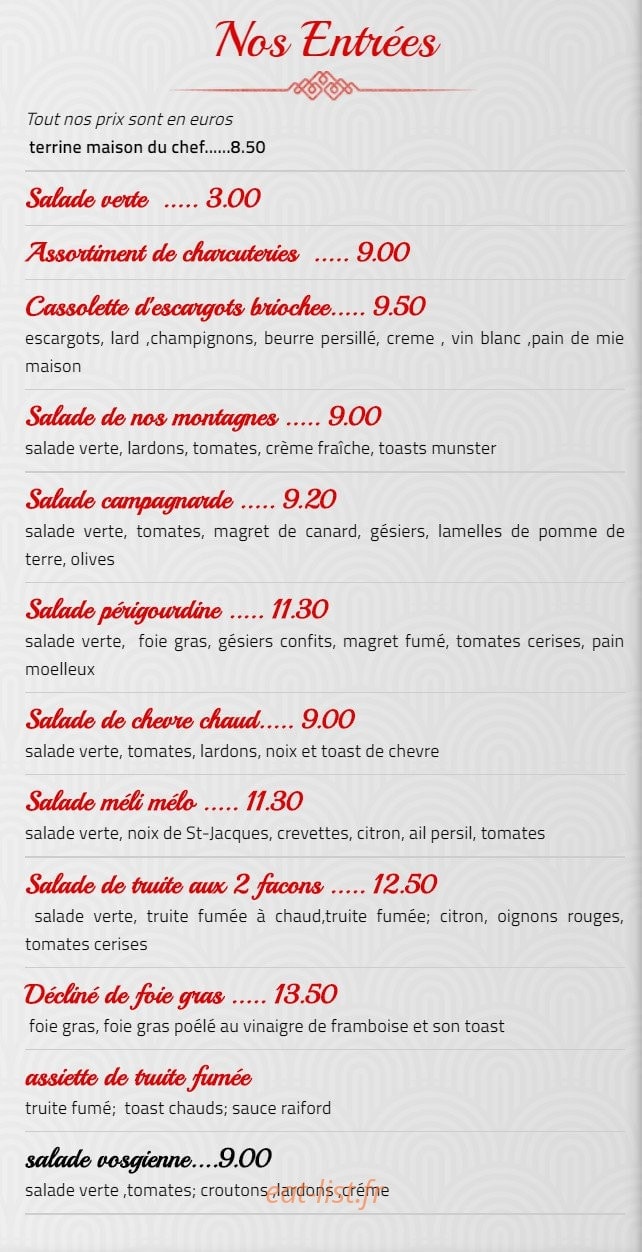 Carte et menu de La flamme gourmande à Vagney — Les entrées