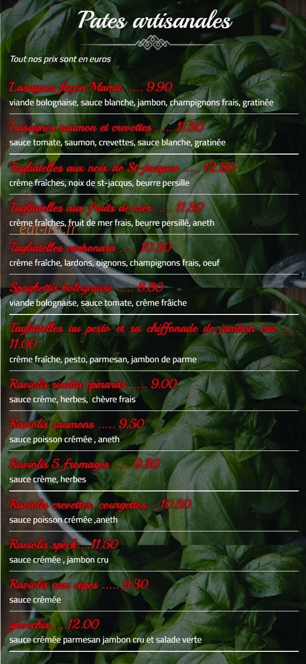 Carte et menu de La flamme gourmande à Vagney — Les pâtes