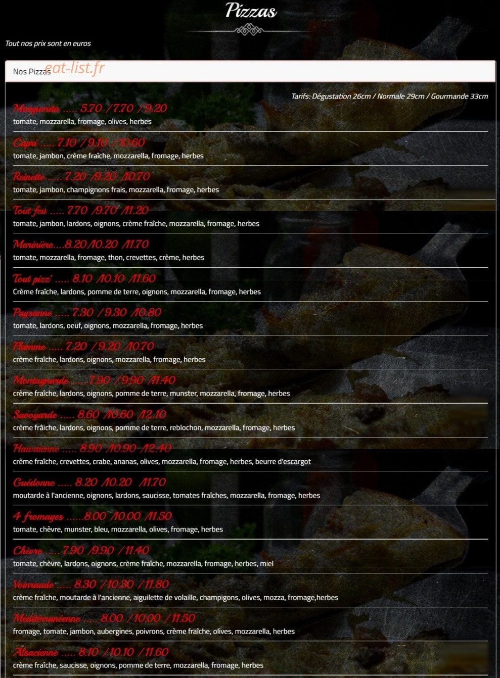 Carte et menu de La flamme gourmande à Vagney — Les pizzas