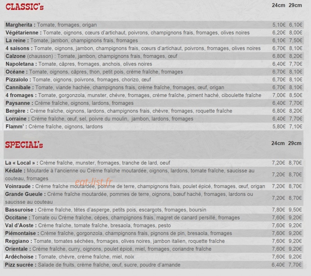 Le Local à Pizzas — carte page 1