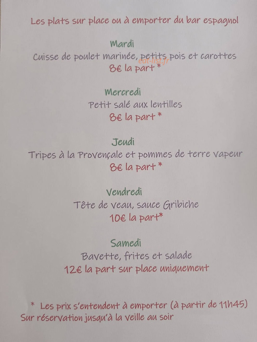 Bar Espagnol — carte page 1