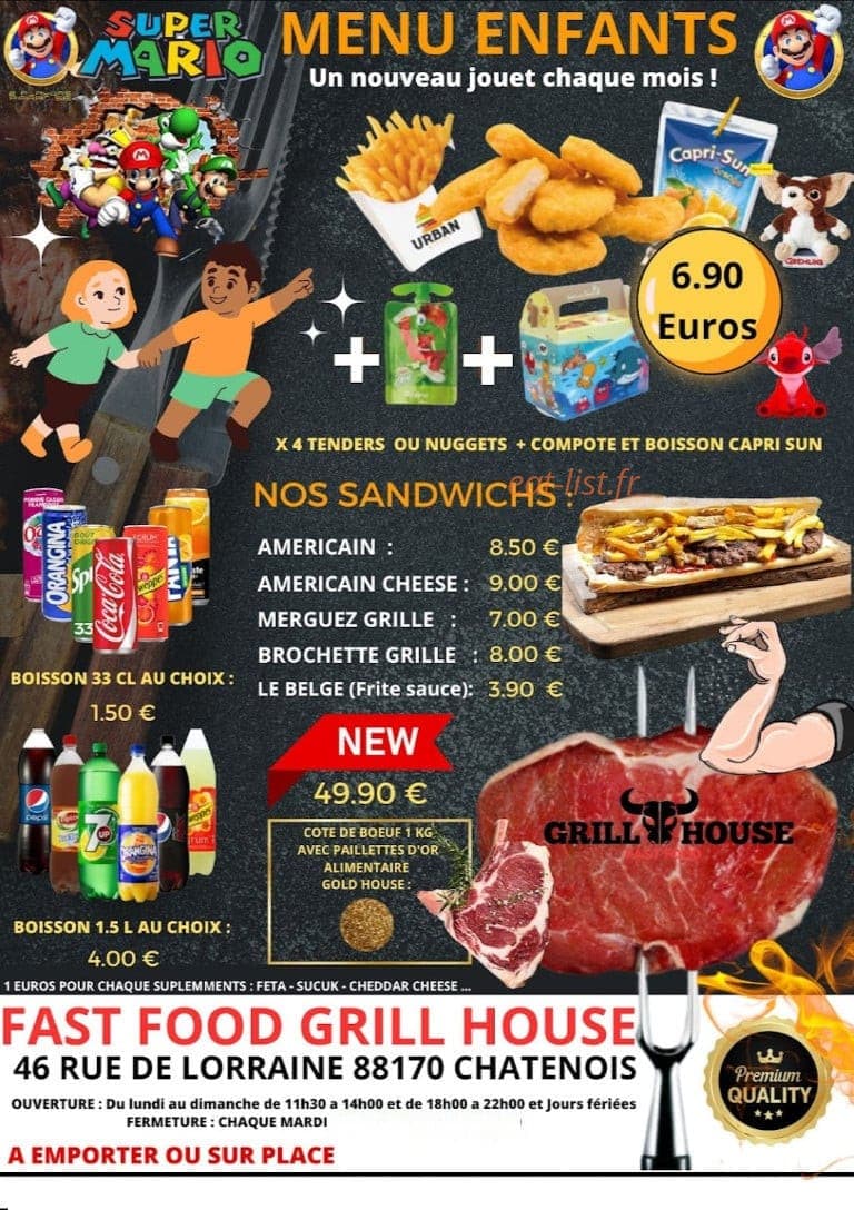 Carte et menu de Grill House 88 à Chatenois — Les sandwichs et menu enfants