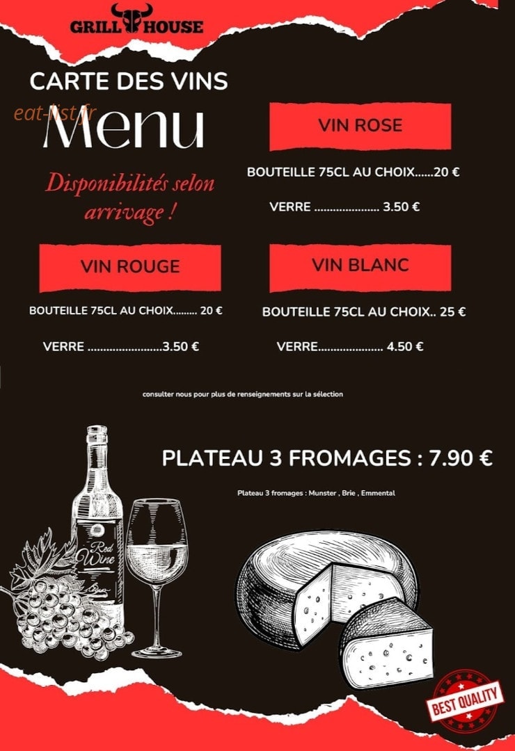 Carte et menu de Grill House 88 à Chatenois — Carte des vins