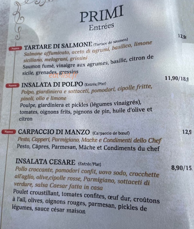Anna Trattoria — carte page 1