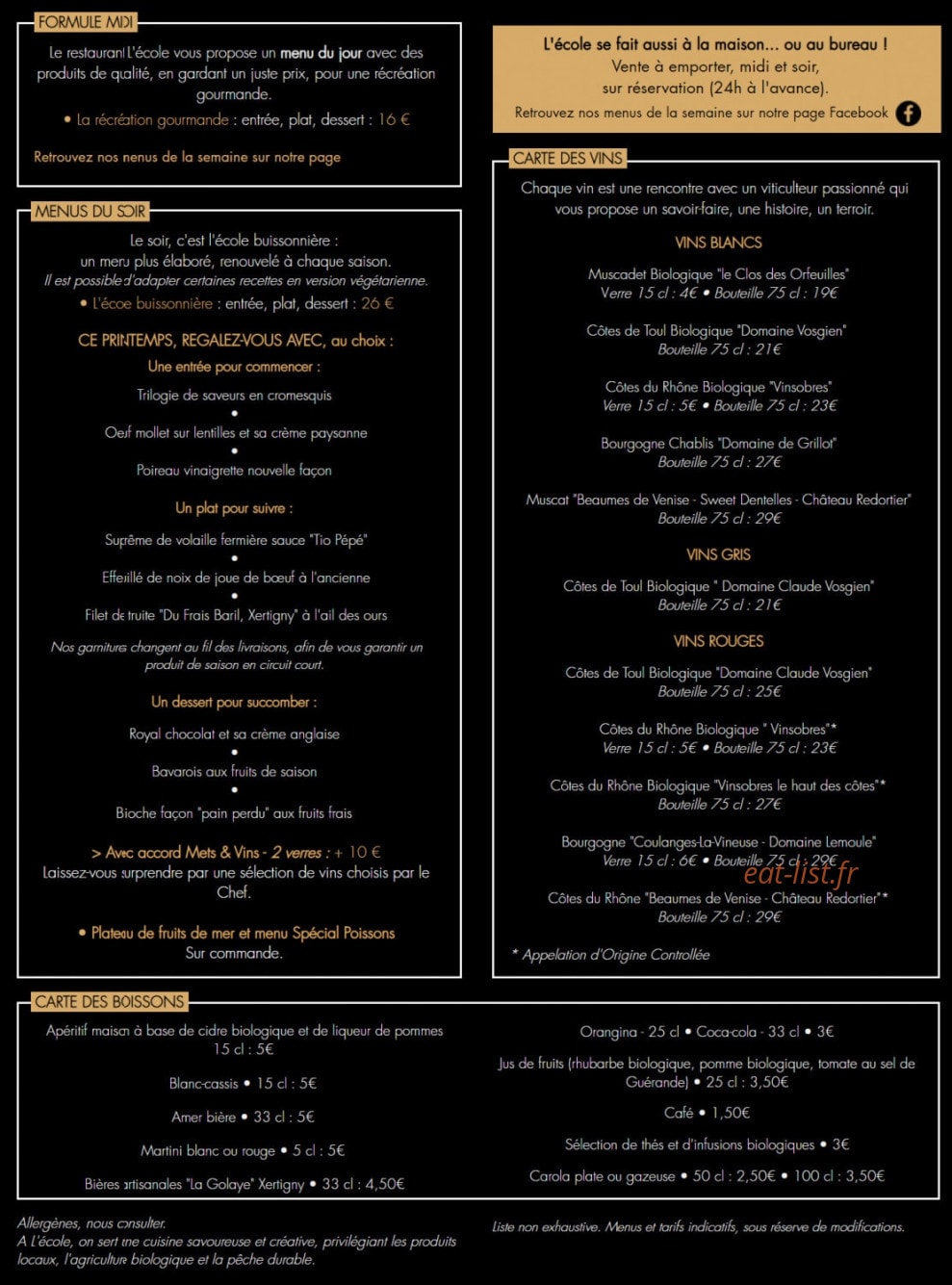 Restaurant L'école — carte page 1