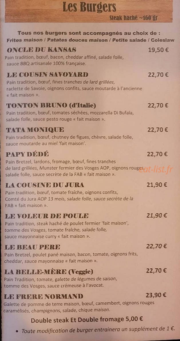 Carte et menu de La fabrique à burger à Remiremont — Les burgers