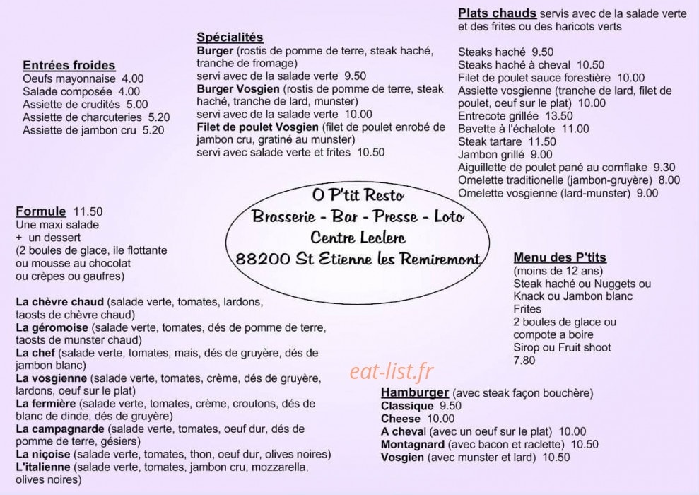O P'tit resto — carte page 1