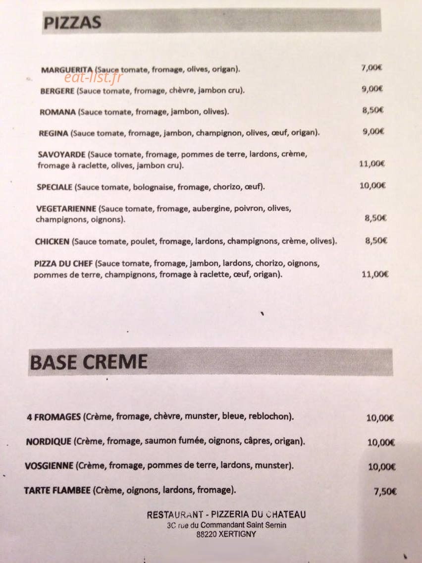 Pizzeria du Château — carte page 1