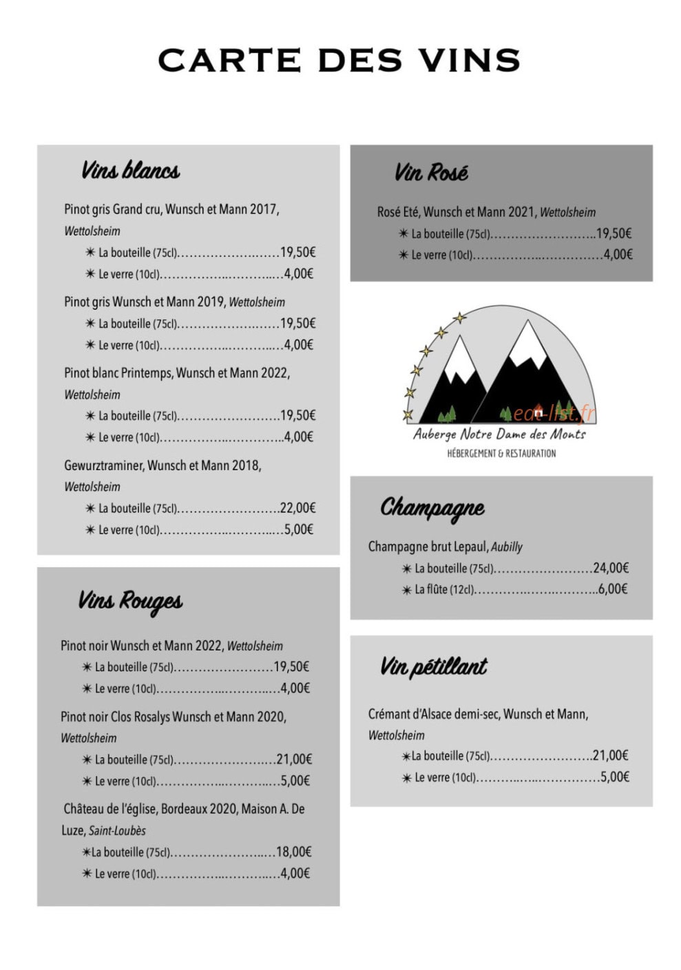 Carte et menu de Auberge Notre Dame des Monts à Ban sur Meurthe Clefcy — La carte des vins
