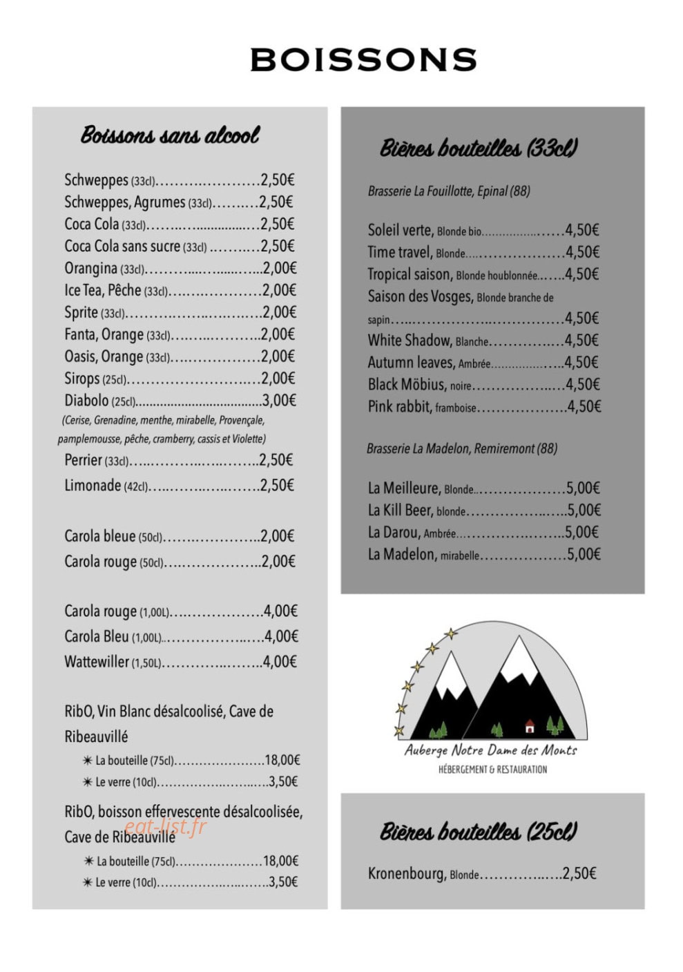 Carte et menu de Auberge Notre Dame des Monts à Ban sur Meurthe Clefcy — Les boissons