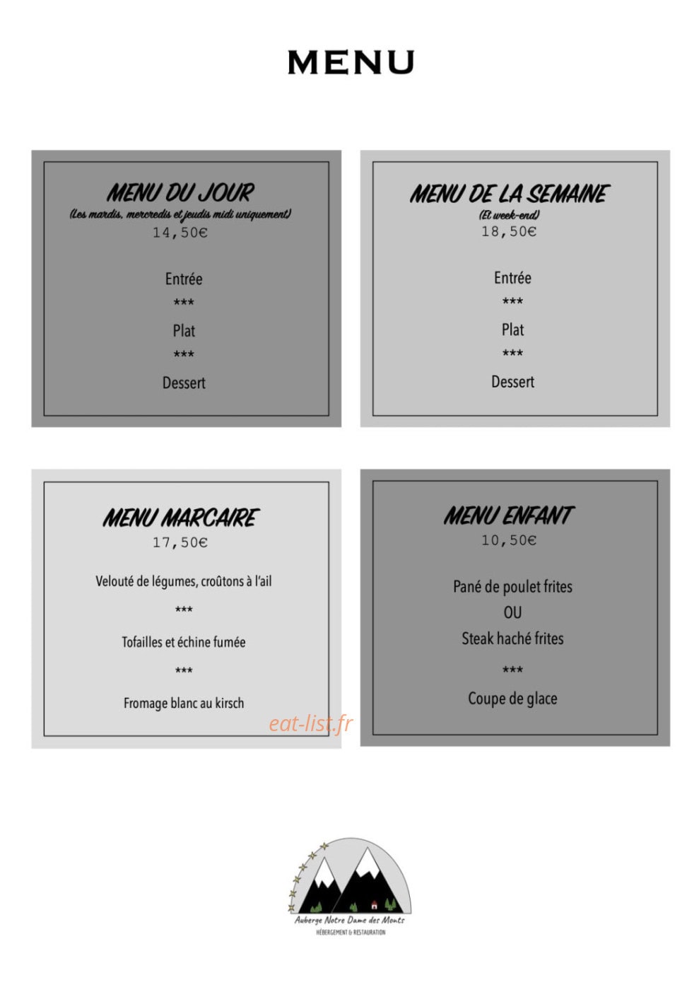 Carte et menu de Auberge Notre Dame des Monts à Ban sur Meurthe Clefcy — Le menu