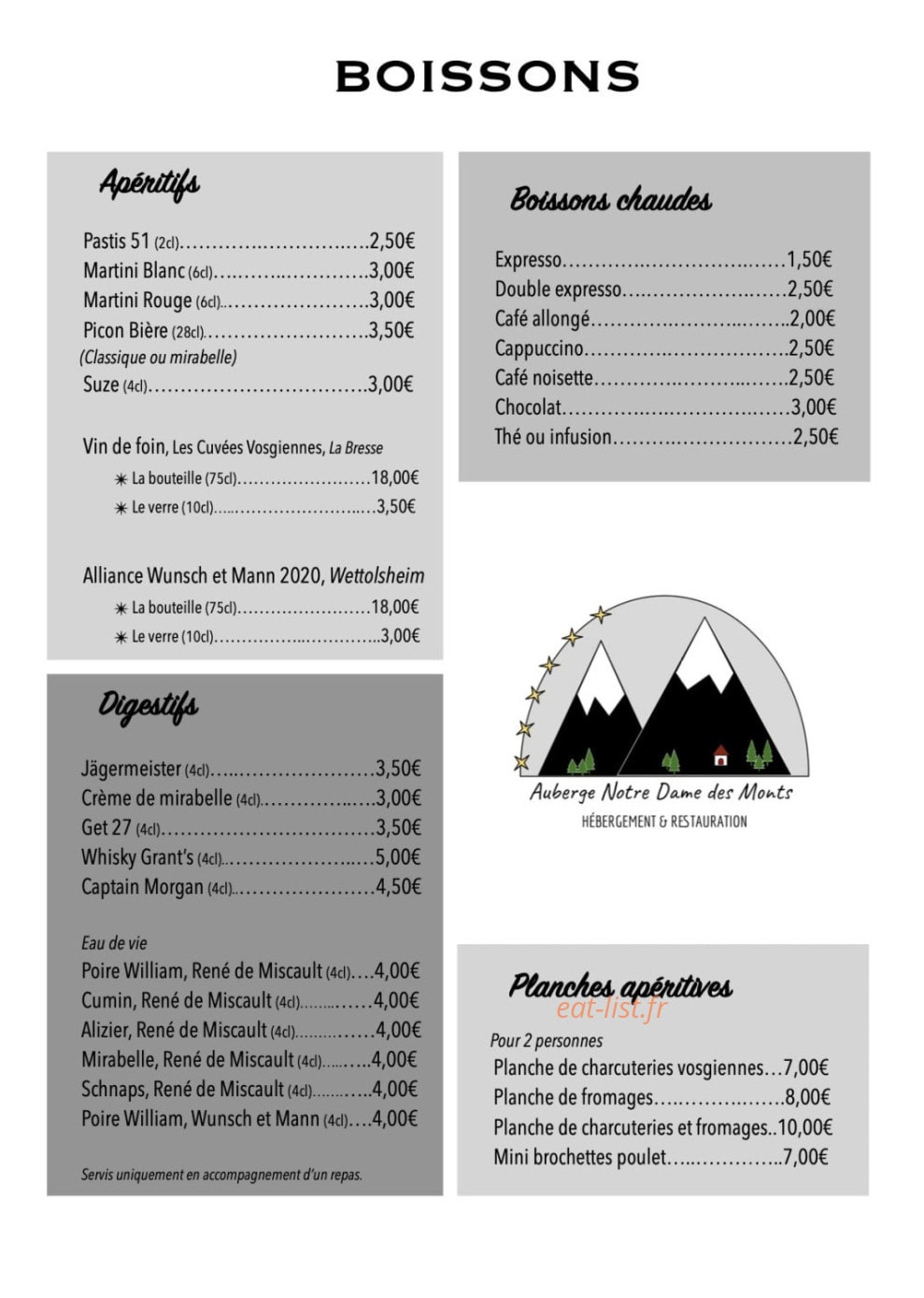 Carte et menu de Auberge Notre Dame des Monts à Ban sur Meurthe Clefcy — Les boissons (suite)