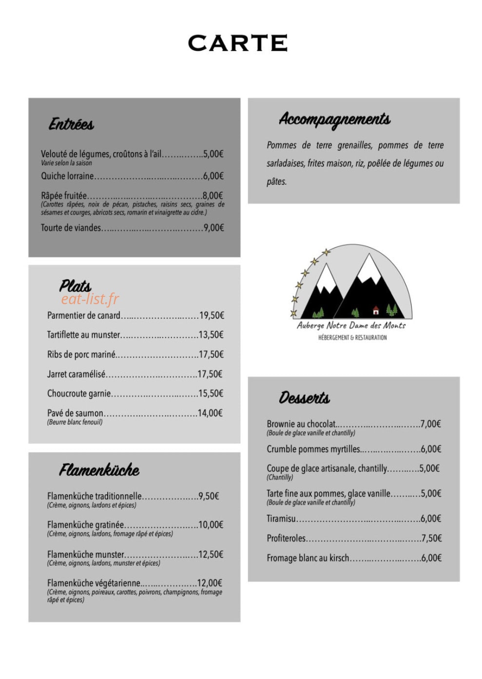Carte et menu de Auberge Notre Dame des Monts à Ban sur Meurthe Clefcy — La carte
