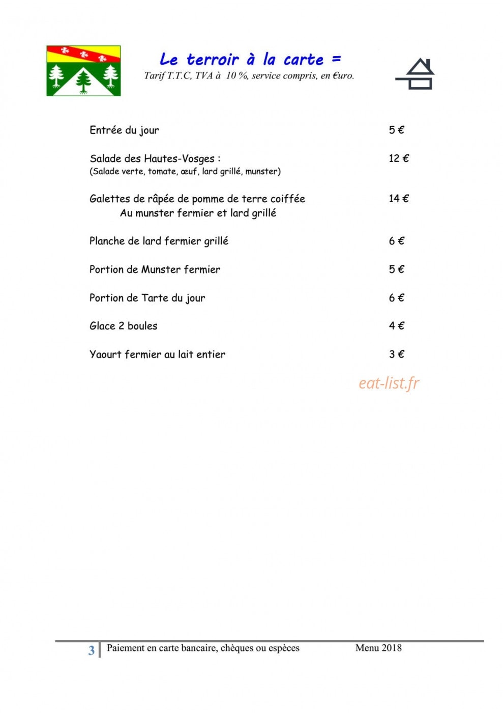 Auberge de la Rételère — carte page 1
