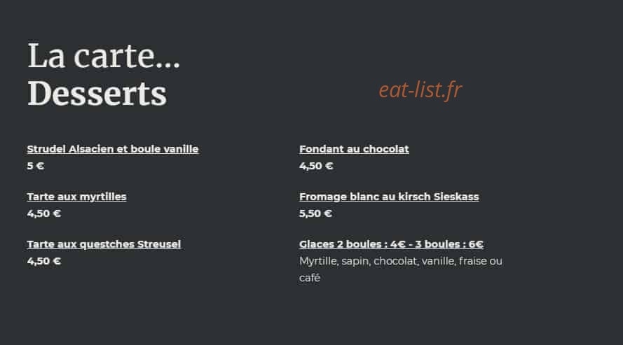 Carte et menu de Auberge du Pied du Hohneck à La Bresse — Desserts