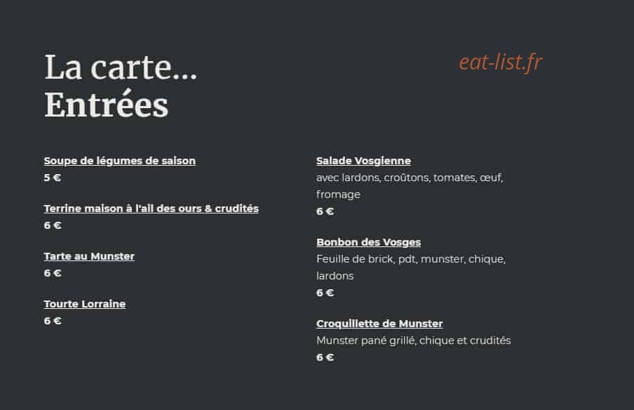 Carte et menu de Auberge du Pied du Hohneck à La Bresse — Entrées