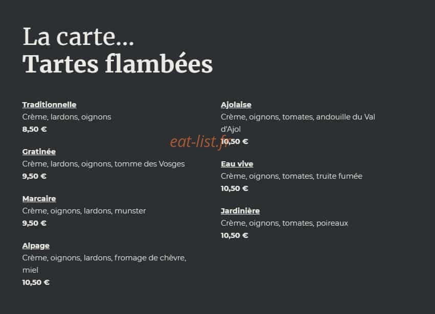 Carte et menu de Auberge du Pied du Hohneck à La Bresse — Tartes flambées