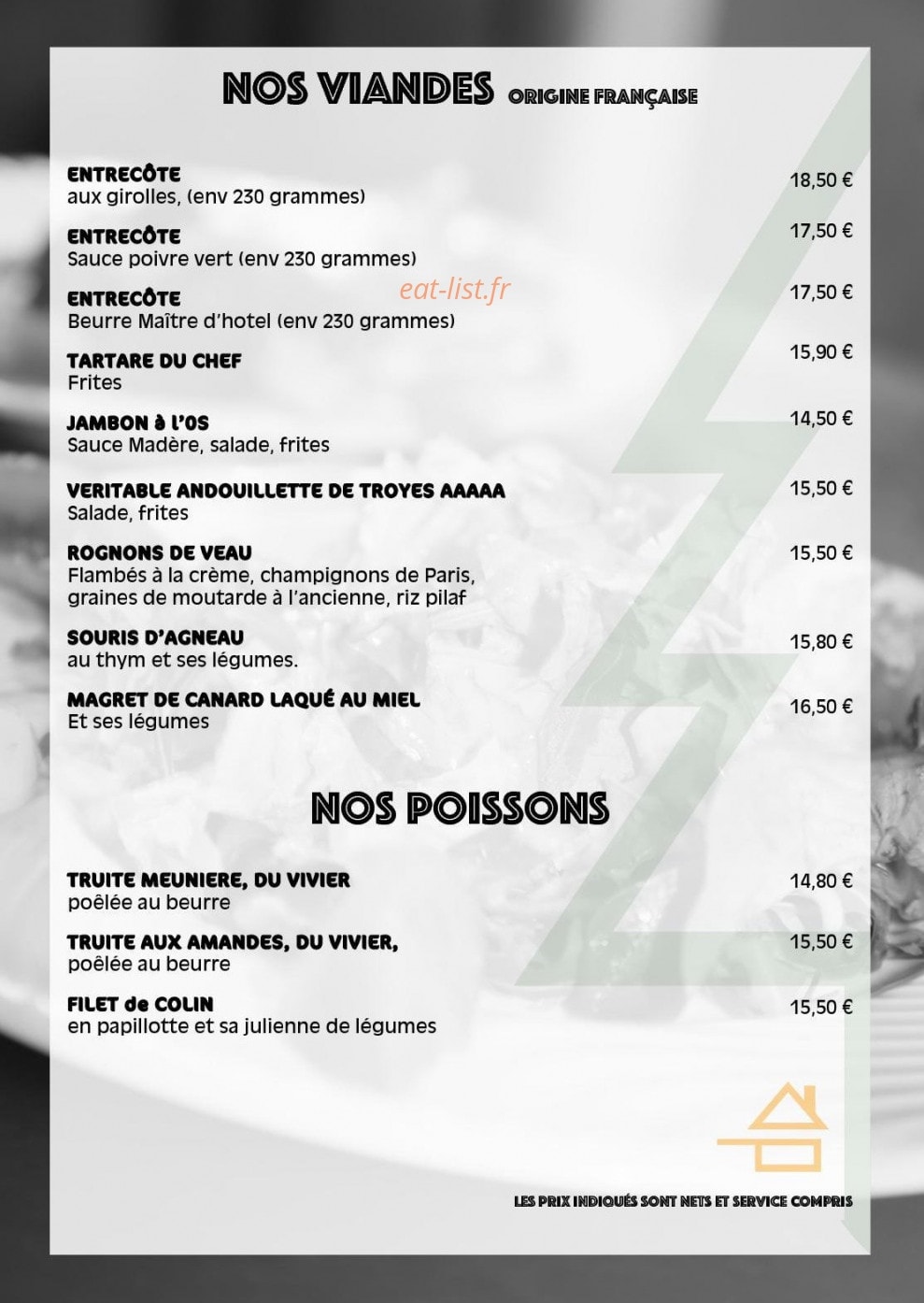Carte et menu de Auberge du Pont Jean D'Zoure à La Bresse — Viandes et poissons