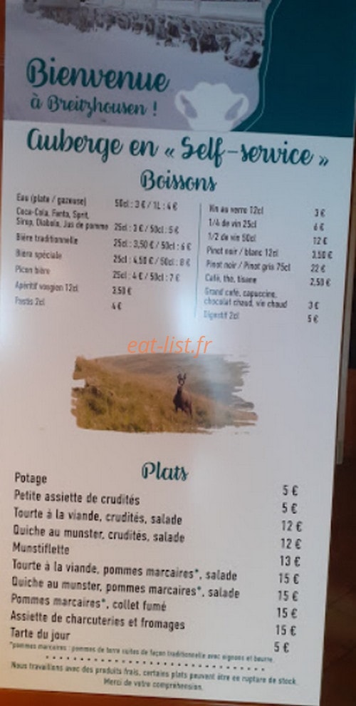 Carte et menu de Ferme et Auberge Breizhousen à La Bresse — La carte