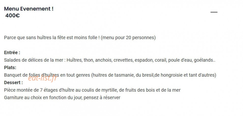 Carte et menu de Huitre&Co since 1552 à Darney — Menu évènement ! 400€