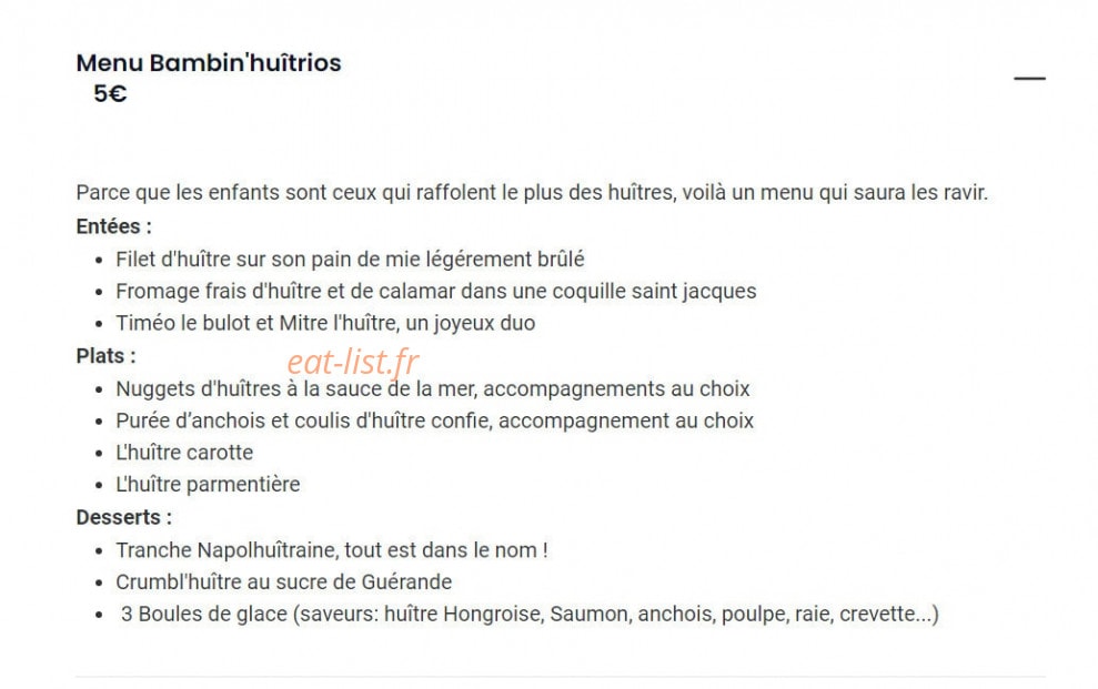 Carte et menu de Huitre&Co since 1552 à Darney — Menu bambin'huîtrios 5€