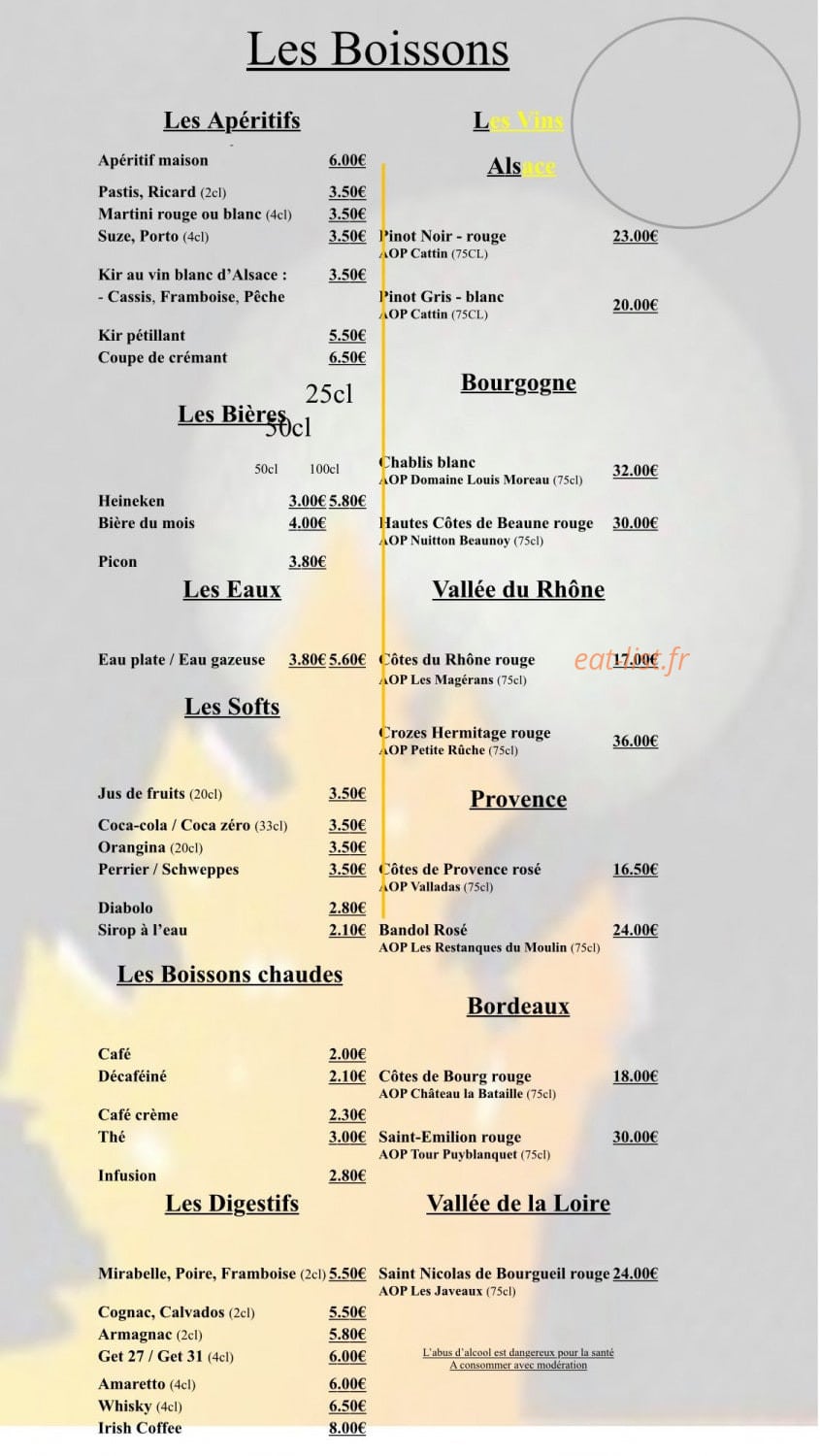 Carte et menu de Pizzeria du Chateau à Saulxures sur Moselotte — Les boissons