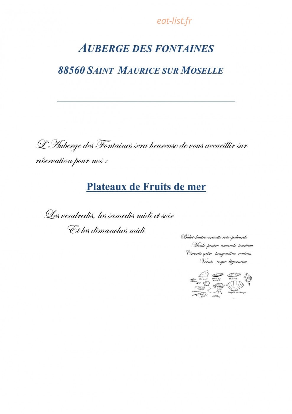 Carte et menu de Auberge des fontaines à Saint Maurice sur Moselle — Suggestions du moment