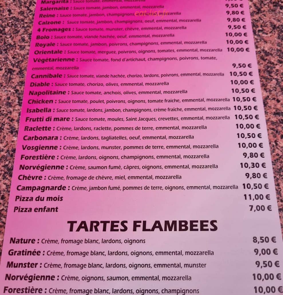 Carte et menu de Le Salerno à Saulcy sur Meurthe — Les pizzas et tartes flambées