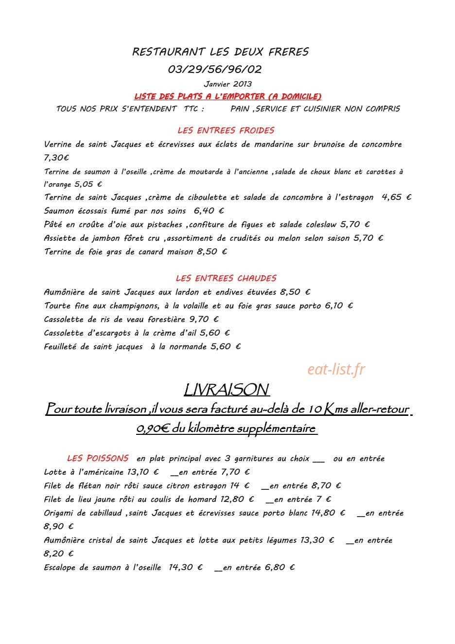 Restaurant  Traiteur les 2 frères — carte page 1