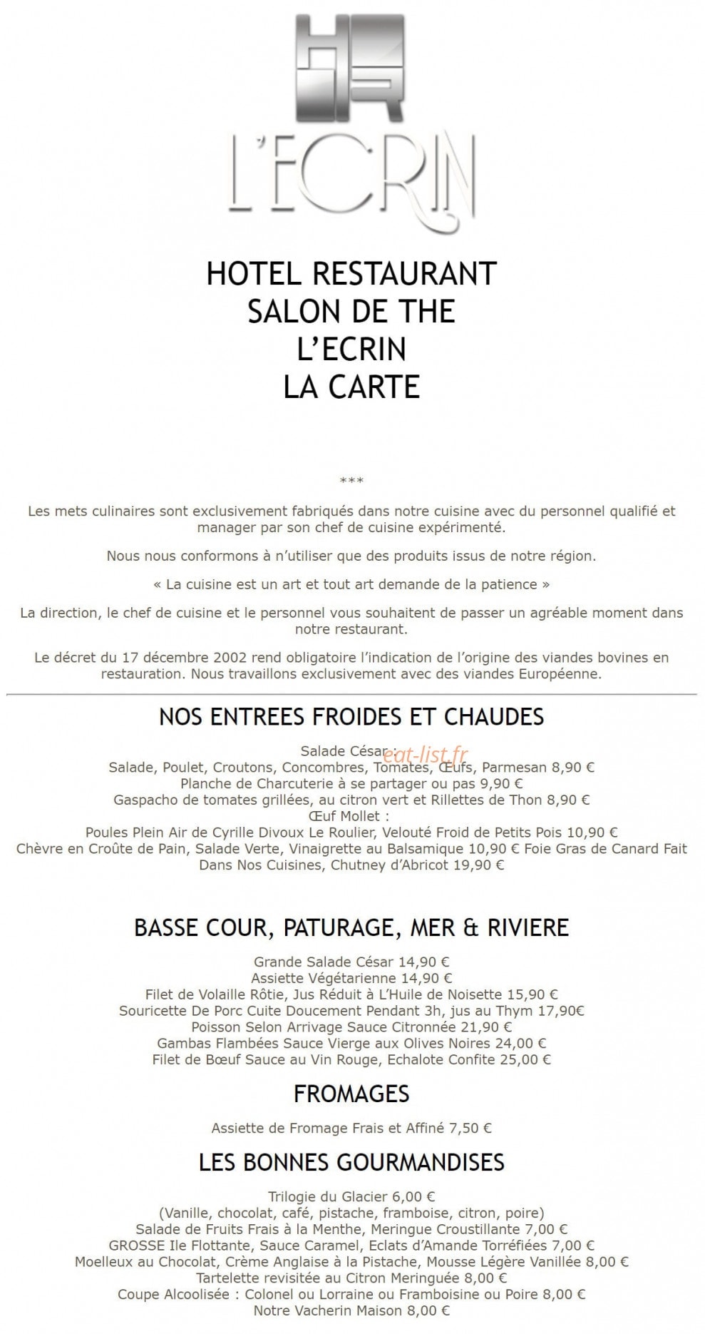 Hôtel Restaurant L'Ecrin — carte page 1