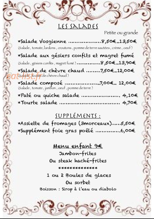 Carte et menu de Au Pays de Jeanne à Domremy la Pucelle — Les salades, suppléments, ...