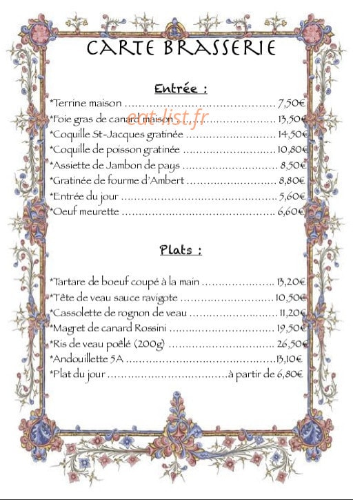 Carte et menu de Au Pays de Jeanne à Domremy la Pucelle — La carte brasserie
