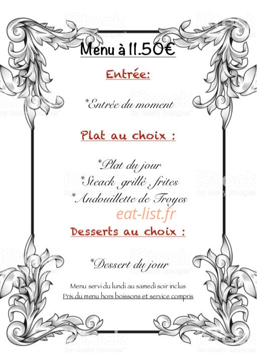 Carte et menu de Au Pays de Jeanne à Domremy la Pucelle — Le menu à 11.50€