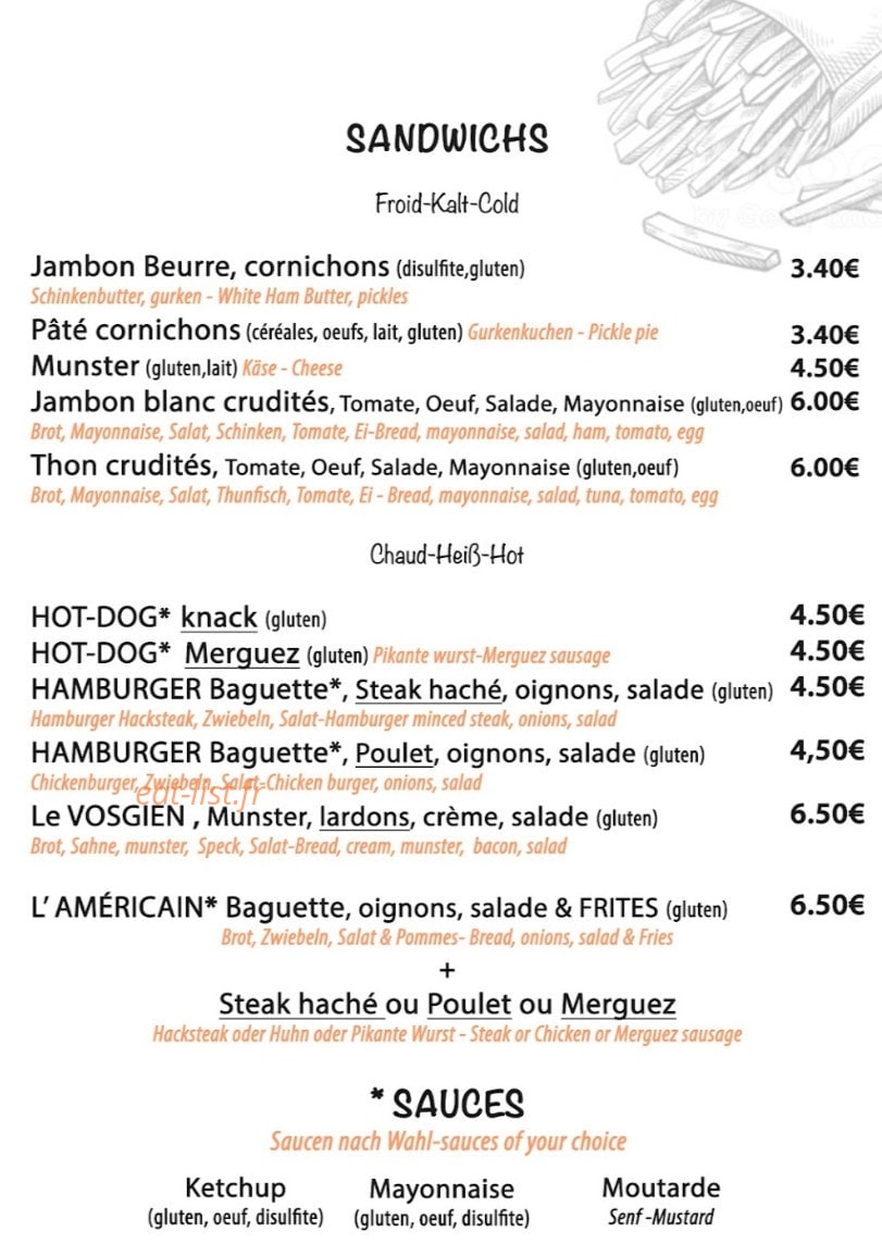 Carte et menu de Friterie Au Petit Creux à Anould — Les sandwichs; hot dog et hamburgers,...