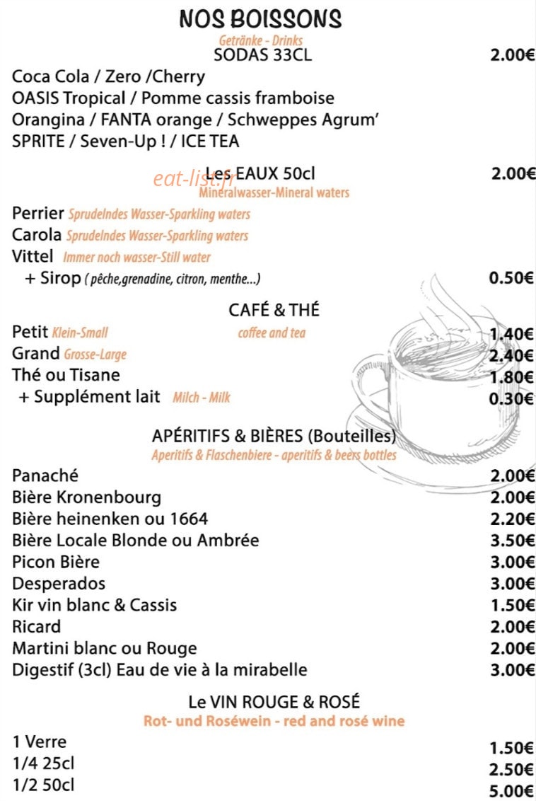 Carte et menu de Friterie Au Petit Creux à Anould — Les eaux, cafés et vins,...