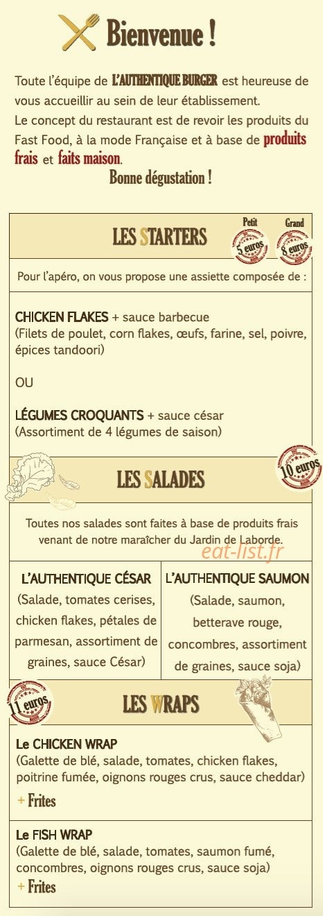 L'Authentique Burger — carte page 1