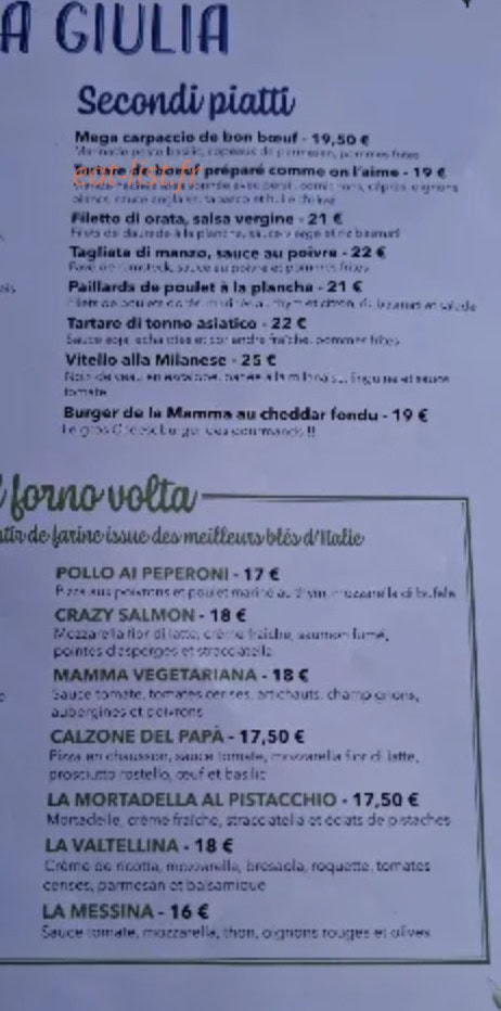 Carte et menu de Mamma Giulia à Auxerre — Secondi piatti