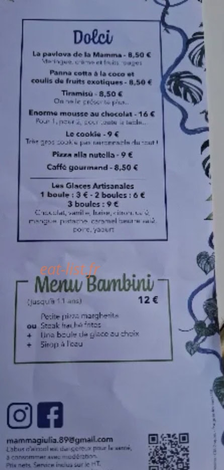 Carte et menu de Mamma Giulia à Auxerre — Dolci, menu bambini