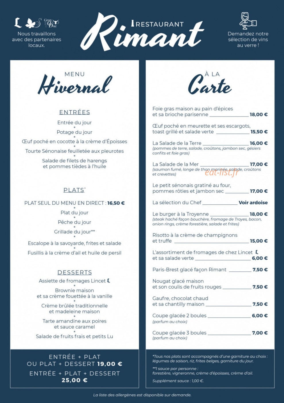 Restaurant Rimant — carte page 1