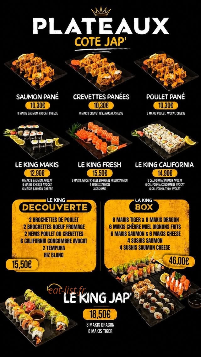 Carte et menu de King Of Thai & Jap à Sens — Plateaux cote jap