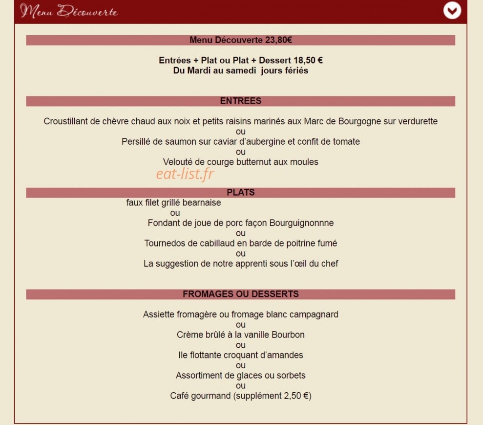 Carte et menu de Auberge La Demoiselle à Saint Fargeau — Menu découverte
