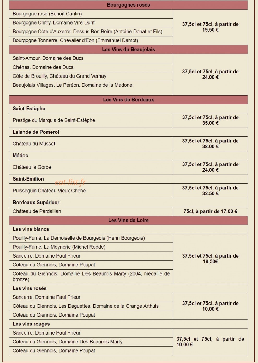 Carte et menu de Auberge La Demoiselle à Saint Fargeau — Vins suite