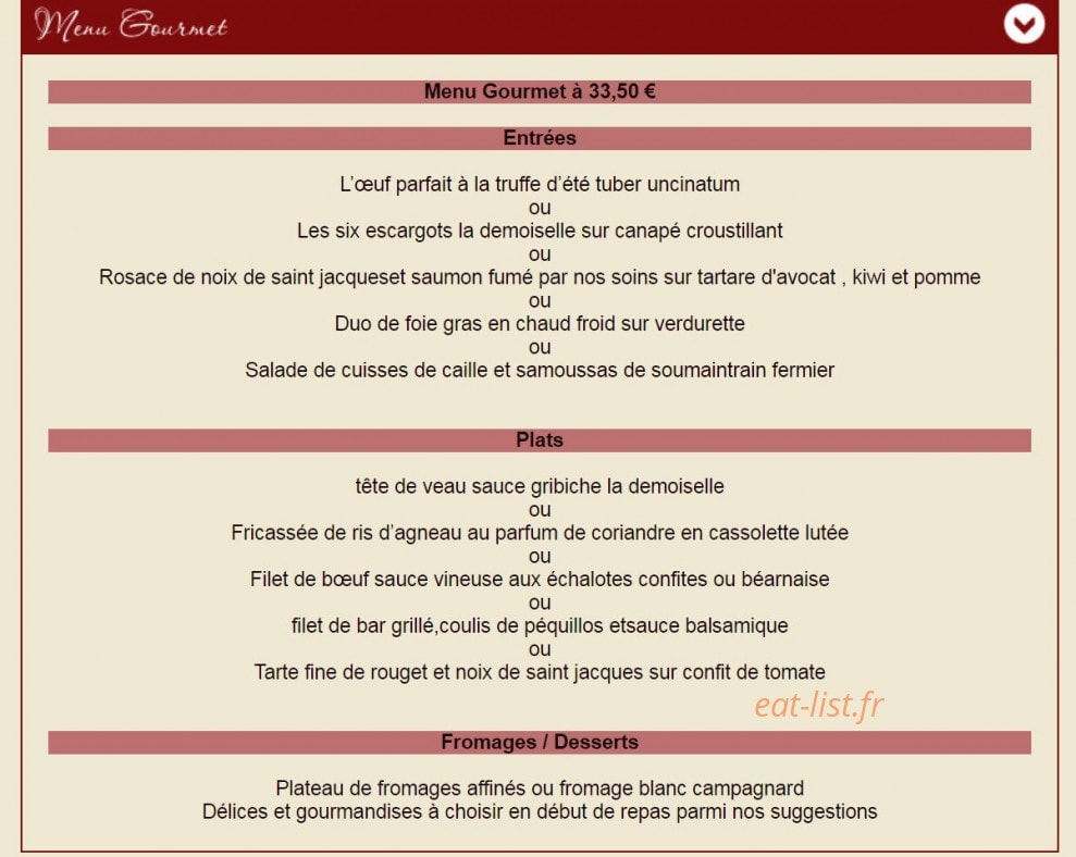 Carte et menu de Auberge La Demoiselle à Saint Fargeau — Menu gourmet